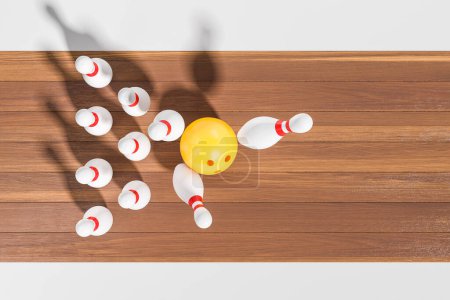 Photo for Top view of yellow ball hitting pins on wooden bowling lanes. Concept of target and achievement. 3D rendering - Royalty Free Image