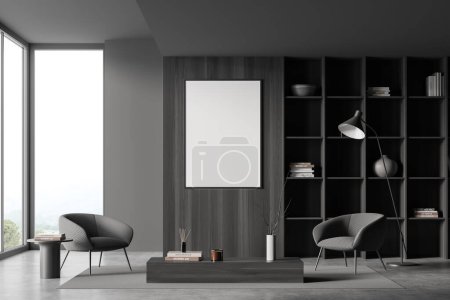 Photo for Front view on dark living room interior with empty white poster, coffee table, armchair, carpet, shelves with books and crockery, concrete floor. Concept of minimalist design. Mock up. 3d rendering - Royalty Free Image