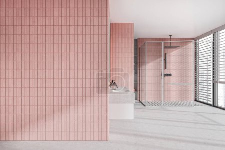 Photo for Interior of modern bathroom with pink tile walls, shower stall with glass walls, double sink, panoramic window with blinds and mock up wall on the left. 3d rendering - Royalty Free Image