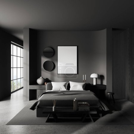 Photo for Interior of stylish master bedroom with gray walls, concrete floor, comfortable king size bed, two round mirrors and vertical mock up poster frame. 3d rendering - Royalty Free Image