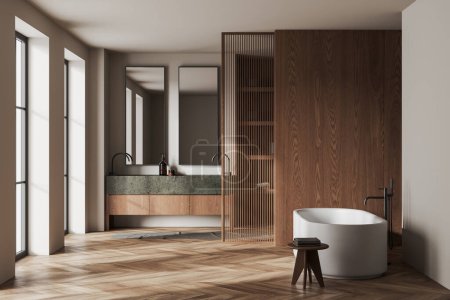 Photo for Interior of modern bathroom with beige and wooden walls, wooden floor, massive stone double sink with two mirrors above it and comfortable white bathtub. 3d rendering - Royalty Free Image