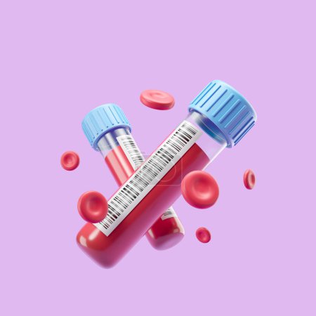 Photo for View of two test tubes with blood samples and bar codes with erythrocytes around them over purple background. Concept of medical check up, healthcare and biochemistry. 3d rendering - Royalty Free Image