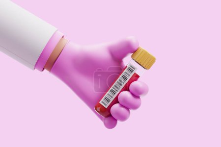 Foto de Vista de la mano del médico de la mujer de dibujos animados en guante rosa sosteniendo tubo de prueba con muestra de sangre y código de barras sobre fondo rosa. Concepto de chequeo médico, salud y bioquímica. renderizado 3d - Imagen libre de derechos