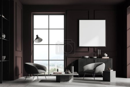 Photo for Interior of stylish living room with brown walls, concrete floor, two comfortable armchairs standing near coffee table and wooden dresser with square mock up poster above it. 3d rendering - Royalty Free Image