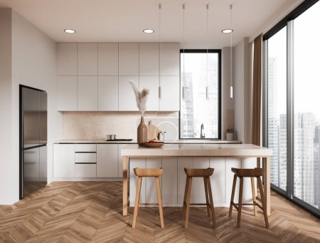 Photo for Luxury home kitchen interior with bar island and stool. Refrigerator and hidden shelves with decoration. Cooking and dining area with panoramic window on skyscrapers. 3D rendering - Royalty Free Image