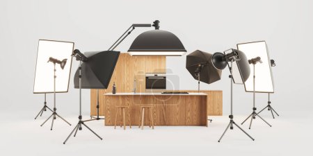 Photo for Photo and video production in modern home kitchen studio, bar island and wooden shelves. Concept of cinema, cooking show and film production. 3D rendering illustration - Royalty Free Image