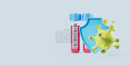 Photo for Anti virus shield and bacterium, test tubes with analysis on empty copy space blue background. Concept of health protection, immunity and vaccine. 3D rendering - Royalty Free Image