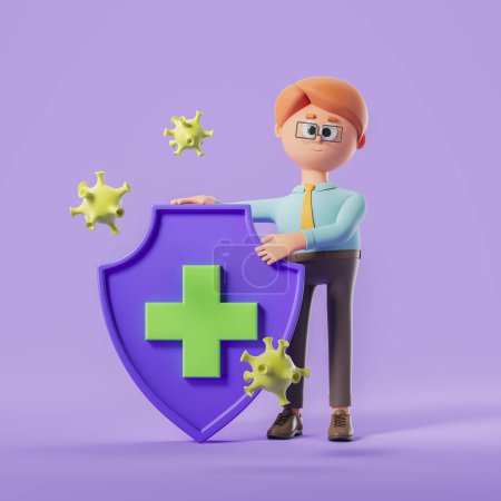 Photo for View of cartoon man protecting himself with shield with green cross against viruses over purple background. Concept of immunity, health protection and healthcare. 3d rendering - Royalty Free Image