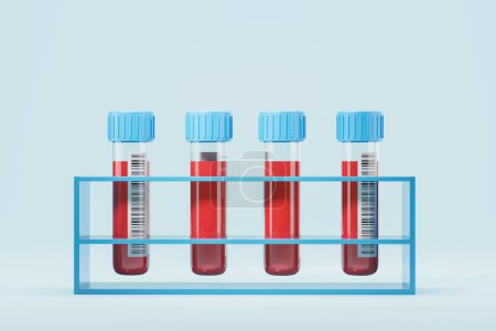 Foto de Vista de estante con tubos de ensayo con muestras de sangre con códigos de barras sobre fondo azul. Concepto de chequeo médico, salud y bioquímica. renderizado 3d - Imagen libre de derechos