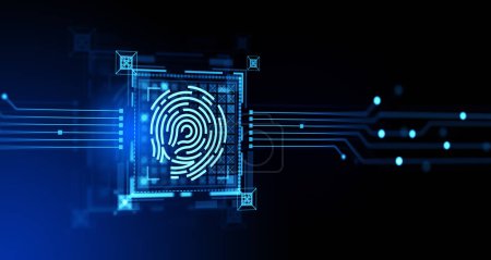 Photo for Glowing fingerprint hud with circuit board on abstract background. Biometric scanning, identification system hologram. Concept of cybersecurity and data access. 3D rendering illustration - Royalty Free Image