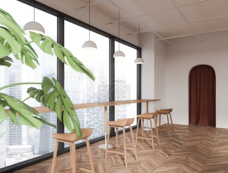 Foto de Interior de la cafetería minimalista con sillas de bar y mesa larga, vista lateral, vista panorámica de los rascacielos de Singapur. Puerta con cortina, planta y suelo de madera. Renderizado 3D - Imagen libre de derechos