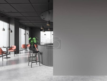 Téléchargez les photos : Intérieur du pub élégant avec murs gris, sol en béton, comptoir de bar rond avec tabourets, tables avec chaises roses et mur blanc maquette sur la droite. Rendu 3d - en image libre de droit