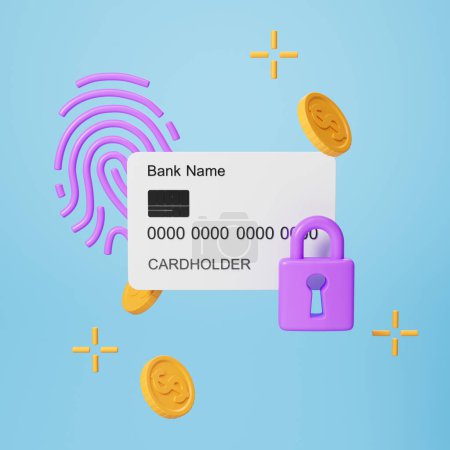 Foto de Vista de tarjeta de crédito, huella dactilar y candado con monedas de dólar a su alrededor sobre fondo azul. Concepto de ciberseguridad y escaneo biométrico. renderizado 3d - Imagen libre de derechos