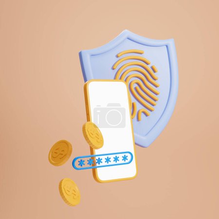 Photo for View of smartphone with mock up screen, shield with fingerprint, password and dollar coins over beige background. Concept of online banking and biometric scanning. 3d rendering - Royalty Free Image