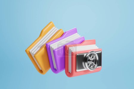 Photo for Pink, purple and yellow file folders with safe or vault handle on them over blue background. Concept of data protection and safe document management system. 3d rendering - Royalty Free Image
