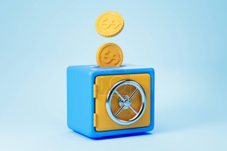 Photo for View of blue and yellow safe deposit box as money box with dollar coins over blue background. Concept of saving money, secure storage and accumulation. 3d rendering - Royalty Free Image