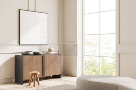 Esquina de la moderna sala de estar minimalista con paredes blancas, suelo de madera, vestidor gris y de madera con la maqueta cuadrada de cartel colgando por encima de ella y ventana alta. renderizado 3d