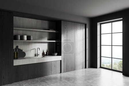 Photo for Corner of stylish kitchen with gray and dark wooden walls, concrete floor, dark wooden cabinets with stone countertops and built in sink. Window with mountain view. 3d rendering - Royalty Free Image