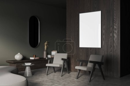 Photo for Corner of stylish living room with gray and dark wooden walls, two gray armchairs, mirror, dark wooden dresser and vertical mock up poster. 3d rendering - Royalty Free Image