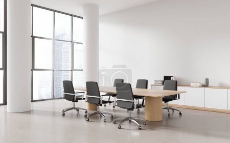 Esquina de la moderna sala de reuniones de oficina con paredes blancas, suelo de hormigón, mesa de conferencias larga con sillas y columnas. renderizado 3d