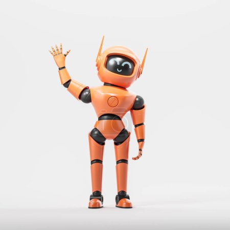 Téléchargez les photos : Vue du robot amical d'intelligence artificielle orange et noire agitant la main en disant bonjour. Concept de communication humaine robotisée et d'apprentissage automatique. Rendu 3d - en image libre de droit
