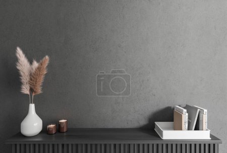 Photo for Front view on dark living room interior with empty grey wall, candles, vase with plant, books, sideboard. Concept of minimalist design, modern art. 3d rendering - Royalty Free Image