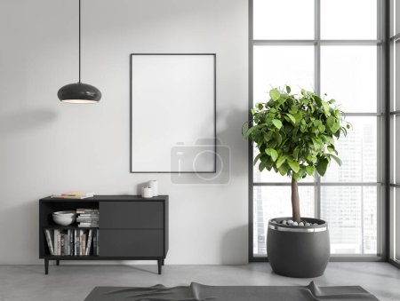 Téléchargez les photos : Salon blanc intérieur avec buffet avec livres et décoration, tapis sur sol béton gris. Grande plante en pot près de la fenêtre panoramique sur Singapour. Affiche maquillée, rendu 3D - en image libre de droit