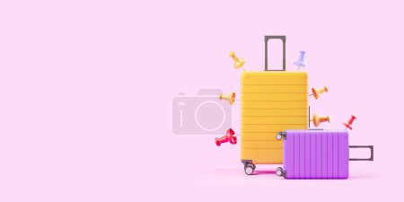 Foto de Dos coloridas maletas y diversos alfileres sobre fondo rosa. Concepto de viaje y check-in. Copiar espacio. Renderizado 3D - Imagen libre de derechos