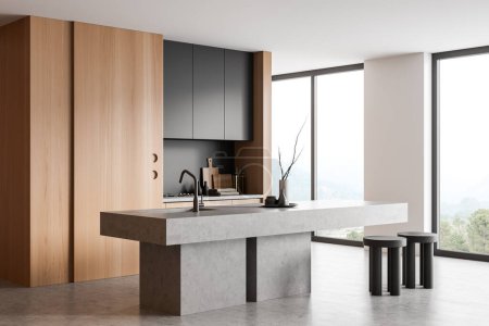 Photo for Modern kitchen interior with bar island and seats, side view, grey concrete floor. Minimalist kitchenware and decoration, panoramic window on countryside. 3D rendering - Royalty Free Image