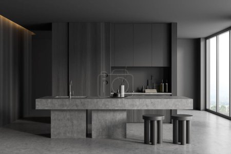 Photo for Dark kitchen interior with bar stool and countertop on grey concrete floor. Kitchenware and decoration, cooking area with panoramic window on countryside. 3D rendering - Royalty Free Image