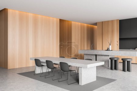 Photo for Corner view on bright kitchen room interior with island, barstools, cupboard, wooden wall, dining table with chairs, concrete floor, crockery, sink. Concept of minimalist design. 3d rendering - Royalty Free Image