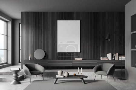 Photo for Dark living room interior with two armchairs, coffee table with art decoration, carpet on grey concrete floor. Panoramic window on countryside. Mock up poster. 3D rendering - Royalty Free Image