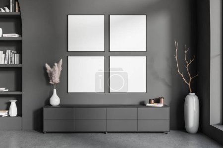 Photo for Dark gallery room interior with sideboard and shelf with art decoration, vase with branch in the corner on grey concrete floor. Four square mock up posters in row. 3D rendering - Royalty Free Image