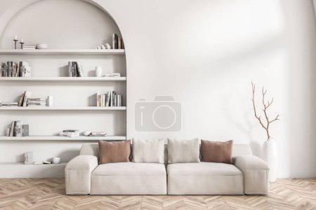 Foto de Blanco relajarse interior de la habitación con sofá y estante minimalista con decoración, piso de madera. Zona de enfriamiento con lugar suave. Mockup pared blanca vacía. Renderizado 3D - Imagen libre de derechos