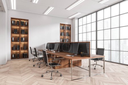 Photo for White office interior with armchairs and pc computer, side view, hardwood floor. Shelf with documents and panoramic window on skyscrapers. 3D rendering - Royalty Free Image