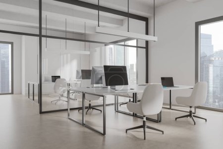 Photo for Corner view on bright office interior with panoramic windows with Singapore city view, desks with armchairs, laptops, glass partition and concrete floor. Concept of place for coworking. 3d rendering - Royalty Free Image