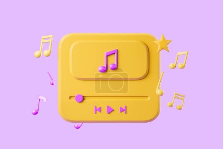 Photo for Yellow music player with playlist, musical notes with stars. Concept of music and hits. 3D rendering - Royalty Free Image