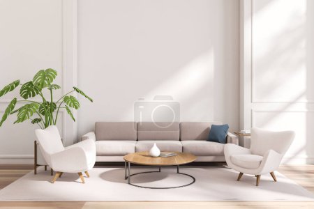 Frontansicht auf helle Wohnzimmereinrichtung mit Sofa, Sesseln, Couchtisch, weißer Wand, Hartholzboden, Teppich, Zimmerpflanze, Büchern und Geschirr. Konzept des minimalistischen Designs, moderne Kunst. 3D-Darstellung