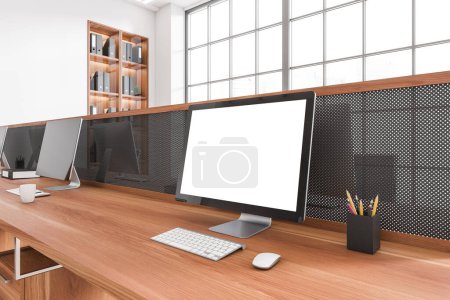 Photo for Light workplace interior with pc computer, desk and shelf with business documents. Panoramic window on skyscrapers. Mockup empty blank screen. 3D rendering - Royalty Free Image