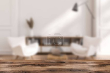 Photo for Wooden table on background of blurred living room interior with two armchairs, sideboard and decoration. Mockup copy space for product display. 3D rendering - Royalty Free Image
