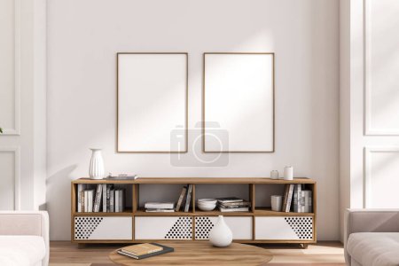 Photo for White living room interior with sideboard and stylish decoration, seats and coffee table on hardwood floor. Two mock up posters in row. 3D rendering - Royalty Free Image