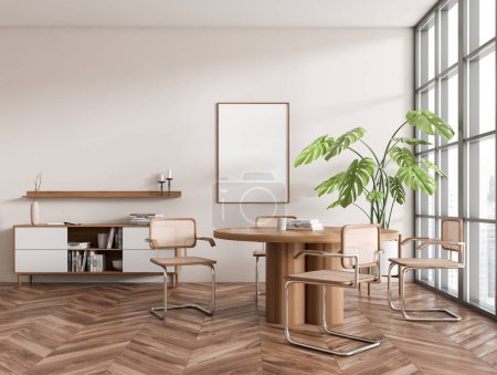 Photo for Wooden living room interior with dining table and chairs, sideboard with decoration on hardwood floor. Panoramic window on city view. Mockup canvas poster. 3D rendering - Royalty Free Image