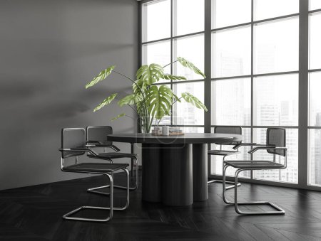 Foto de Interior oscuro de la sala de estar con mesa de comedor y sillas, vista lateral, suelo de madera negra. Ventana panorámica de los rascacielos de Singapur. Decoración de plantas en la esquina. Renderizado 3D - Imagen libre de derechos