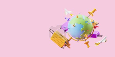 Photo for Cartoon earth globe with pins, suitcases and flying airplanes on pink background. Concept of travel and relax. Copy space. 3D rendering - Royalty Free Image