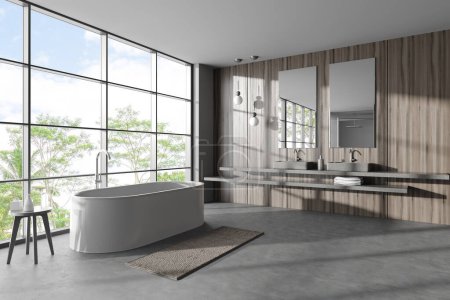 Photo for Corner view on bright bathroom interior with bathtub, panoramic window with countryside view, wooden walls, concrete floor, stool, sink, mirror, carpet. Concept of water treatment. 3d rendering - Royalty Free Image