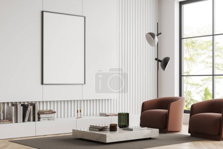 Photo for Dark living room interior with two armchairs, side view, decoration on cabinet and coffee table, carpet on hardwood floor. Panoramic window on tropics. Mock up poster. 3D rendering - Royalty Free Image