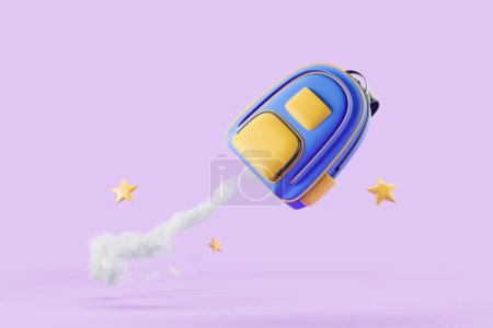 Photo for School backpack taking off on purple background. Concept of back to school and achievement. 3D rendering - Royalty Free Image