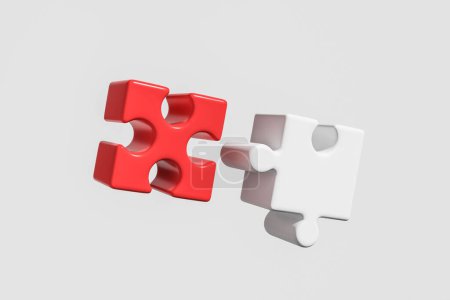 Foto de Dos detalles del rompecabezas rojo y blanco sobre fondo gris. Concepto de conexión y cooperación. Renderizado 3D - Imagen libre de derechos