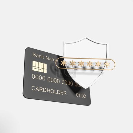 Foto de Tarjeta de crédito, vista lateral, escudo con contraseña sobre fondo gris. Concepto de transacción y protección de pagos. Espacio de copia burlona. Renderizado 3D - Imagen libre de derechos