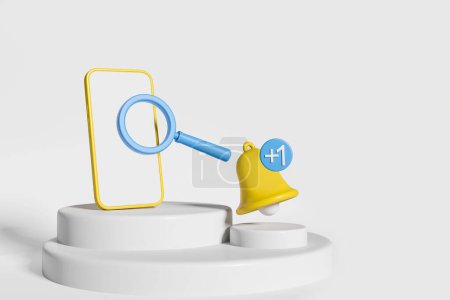 Photo for Phone mockup blank screen with yellow bell on podium, white background. Magnifying glass searching for information. Concept of missed call and notification. 3D rendering - Royalty Free Image